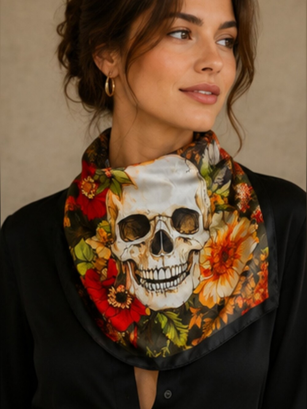 NEW 26" Bold Gothic Skull & Floral Square Scarf – Black, Red, Orange & Green